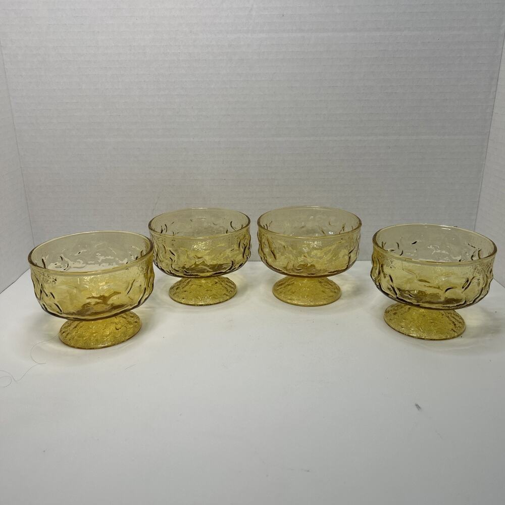 Vtg Anchor Hocking Milano Lido Honey Gold Amber Crinkle Glass Sherbet Bowls Qty4